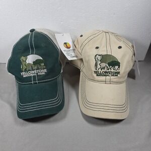 2 Yellowstone National Park Baseball Caps Hats Adjustable Beige Green NEW